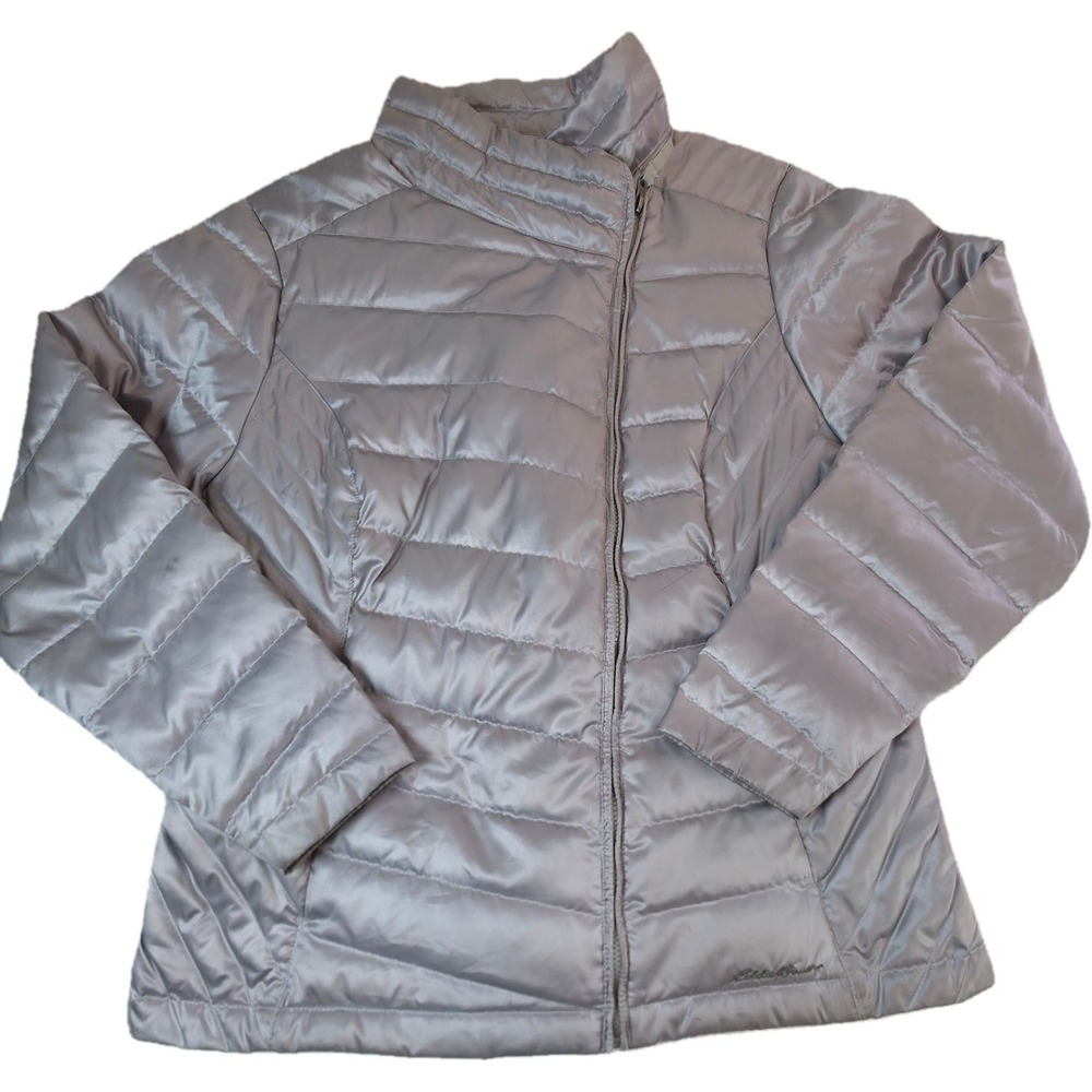 Eddie Bauer Puffer Jacket Womens XL Silver Asymmetrical Zip Quilted